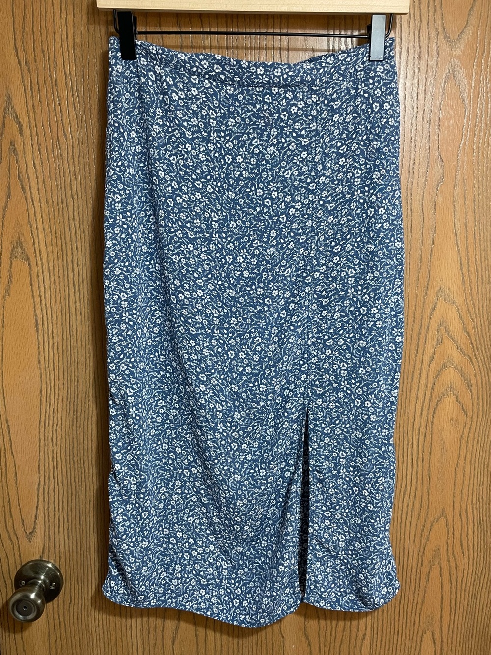 EUC Micro Floral Midi Skirt Sun Blue and White with Front Slit